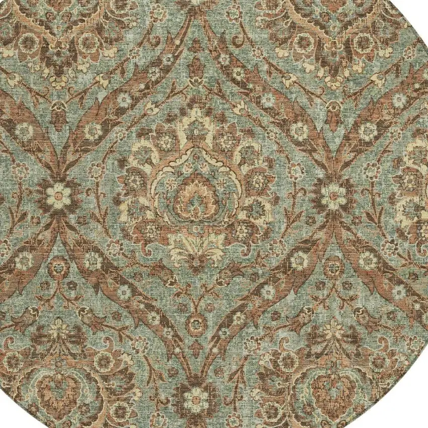 8' Green And Linen Round Floral Washable Indoor Outdoor Area Rug Photo 3