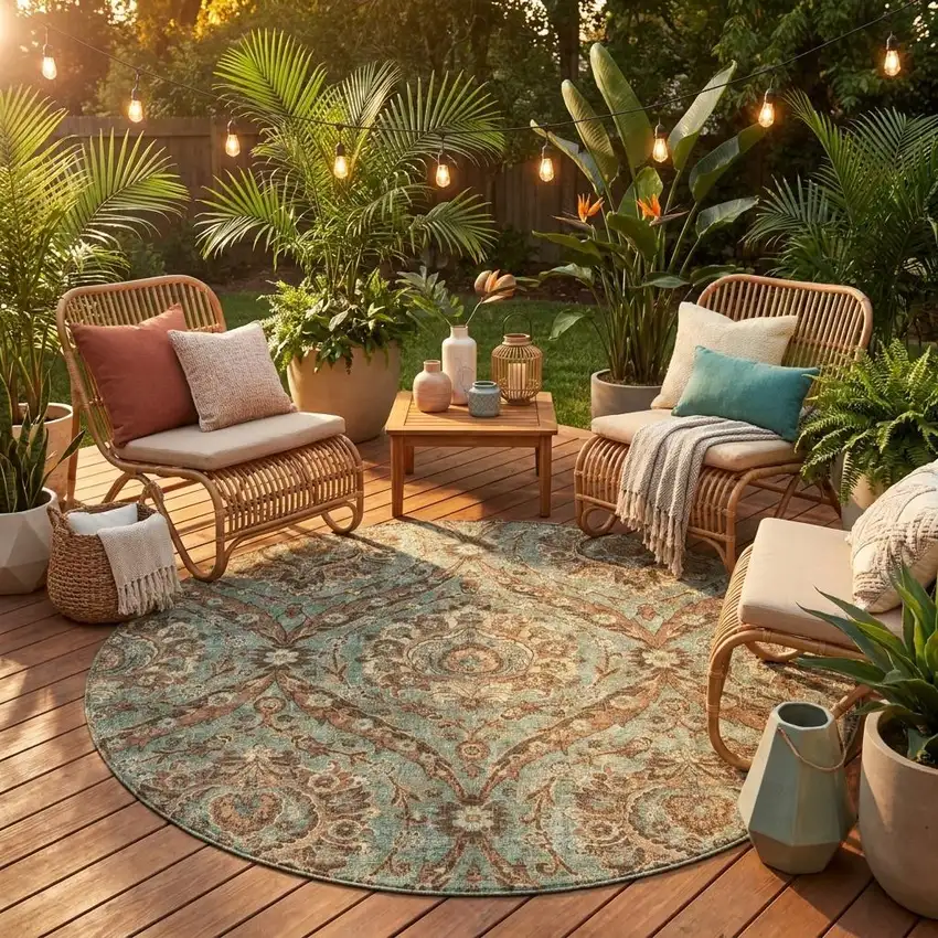 8' Green And Linen Round Floral Washable Indoor Outdoor Area Rug Photo 1