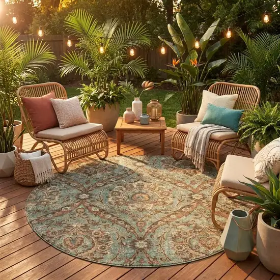 8' Green And Linen Round Floral Washable Indoor Outdoor Area Rug Photo 1