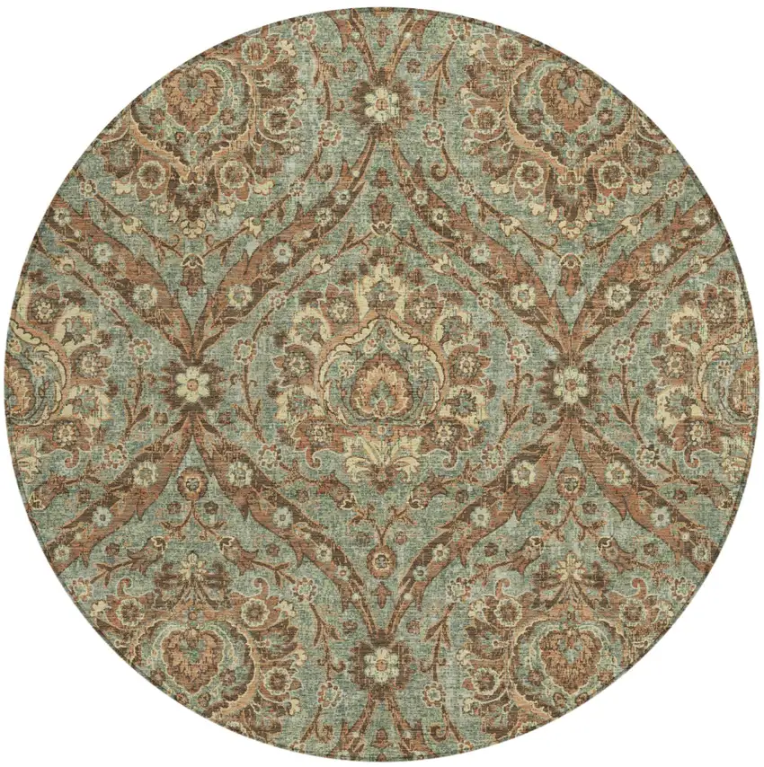 8' Green And Linen Round Floral Washable Indoor Outdoor Area Rug Photo 2