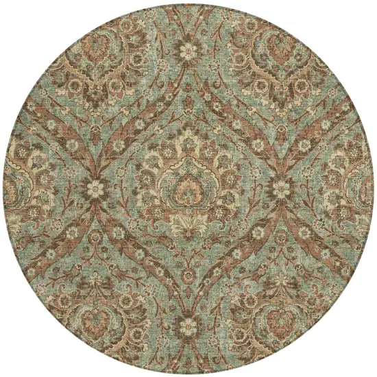 8' Green And Linen Round Floral Washable Indoor Outdoor Area Rug Photo 2