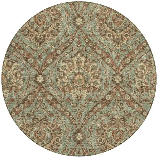 8' Green And Linen Round Floral Washable Indoor Outdoor Area Rug Photo 4