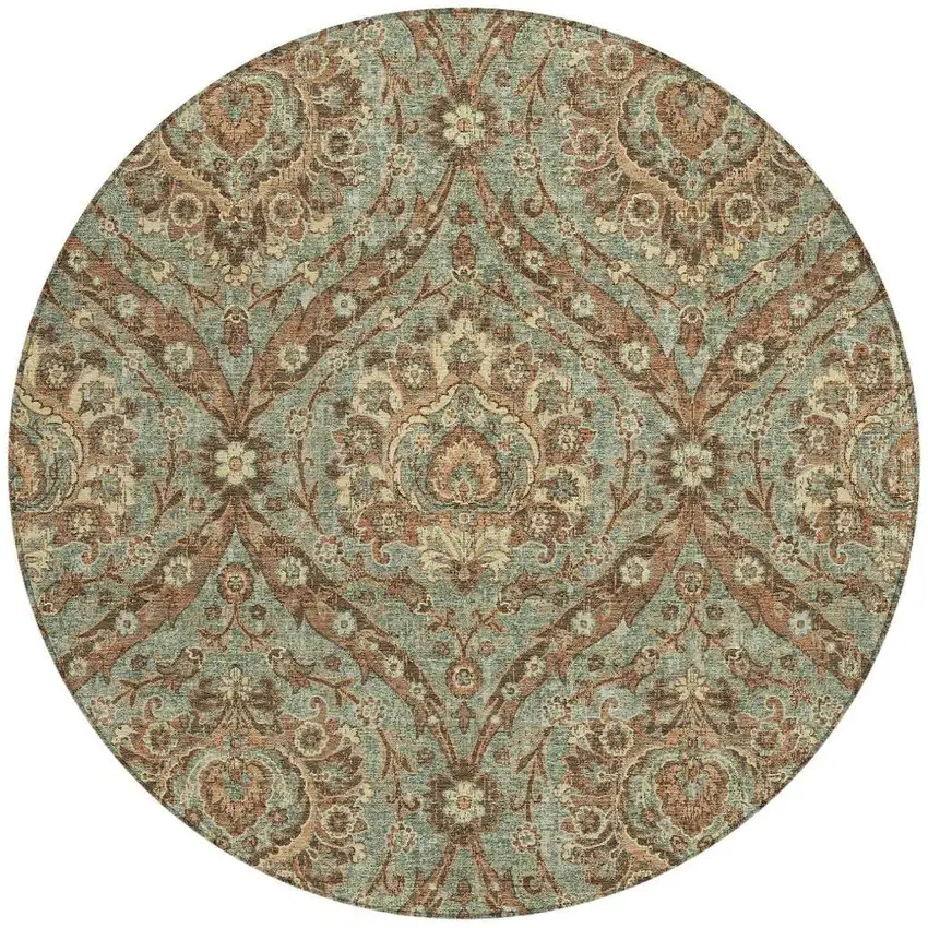 8' Green And Linen Round Floral Washable Indoor Outdoor Area Rug Photo 4