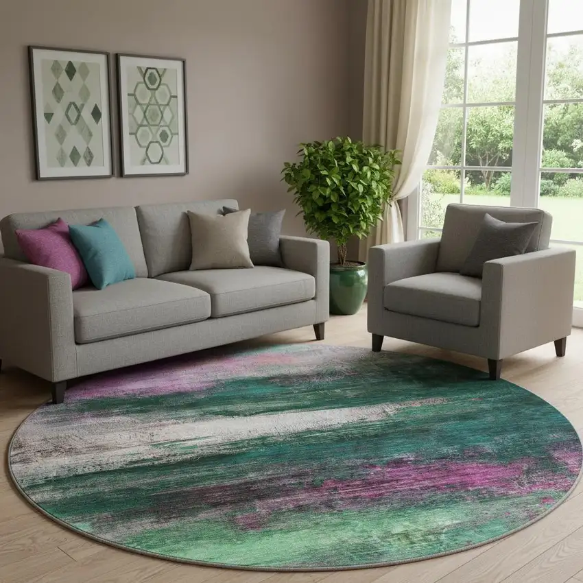 8' Green And Mauve Abstract Washable Round Rug With UV Protection Photo 2