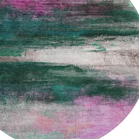 8' Green And Mauve Abstract Washable Round Rug With UV Protection Photo 4