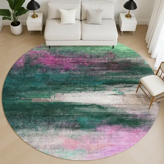 8' Green And Mauve Abstract Washable Round Rug With UV Protection Photo 5