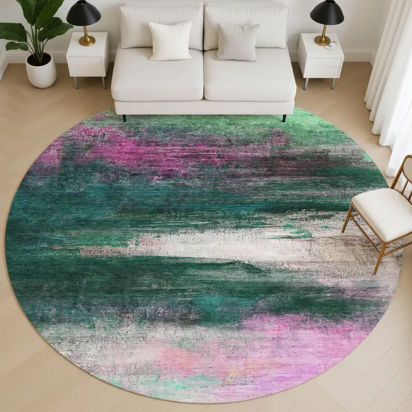 8' Green And Mauve Abstract Washable Round Rug With UV Protection Photo 5