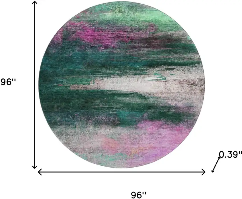 8' Green And Mauve Abstract Washable Round Rug With UV Protection Photo 9