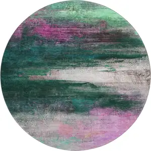 Photo of 8' Green And Mauve Abstract Washable Round Rug With UV Protection