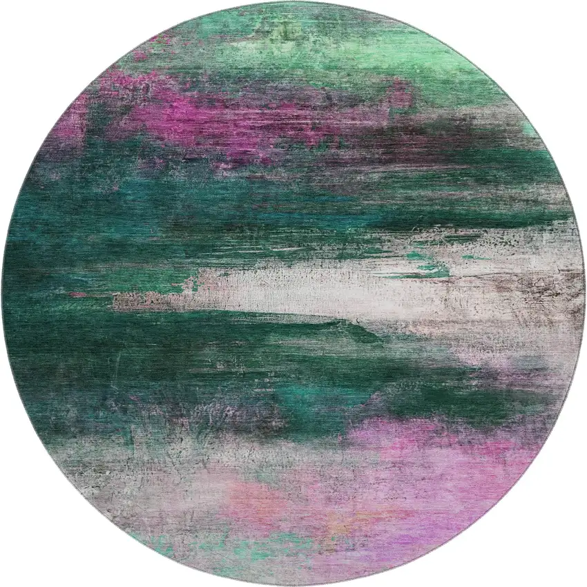 8' Green And Mauve Abstract Washable Round Rug With UV Protection Photo 1