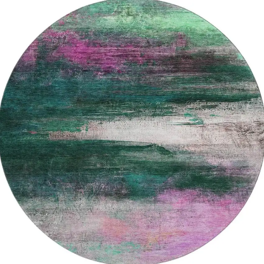 8' Green And Mauve Abstract Washable Round Rug With UV Protection Photo 3