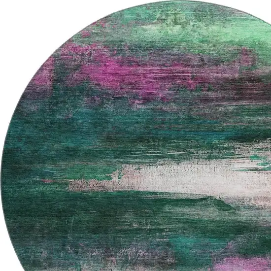 8' Green And Mauve Abstract Washable Round Rug With UV Protection Photo 6