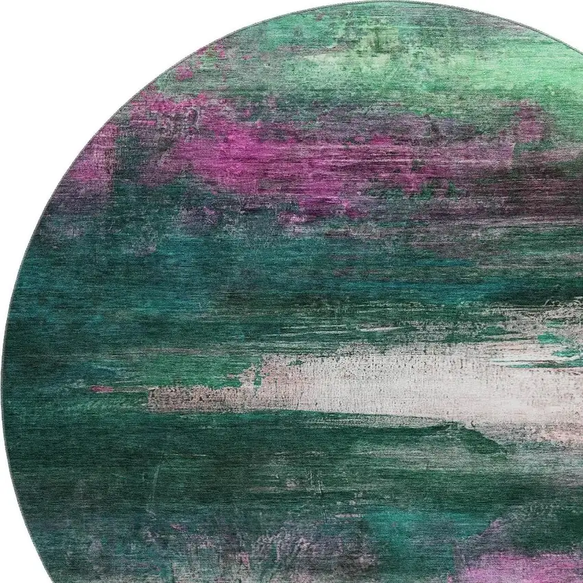 8' Green And Mauve Abstract Washable Round Rug With UV Protection Photo 6