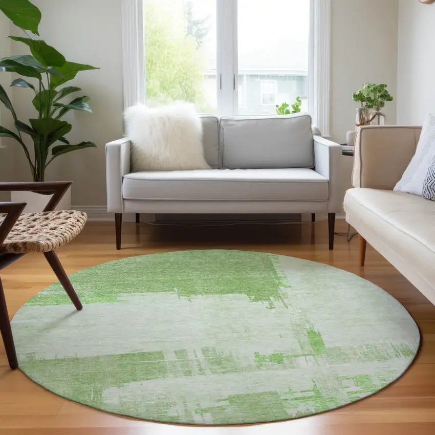 8' Green And Mint Green Round Abstract Washable Indoor Outdoor Area Rug Photo 6
