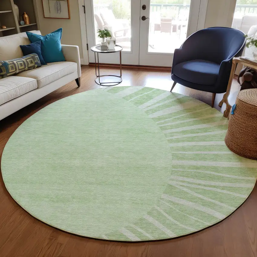 8' Green And Mint Green Round Abstract Washable Indoor Outdoor Area Rug Photo 7