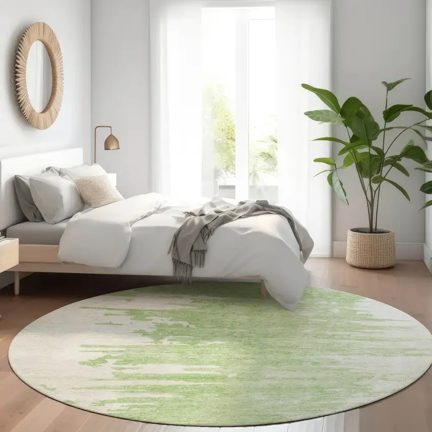 8' Green And Mint Green Round Abstract Washable Indoor Outdoor Area Rug Photo 7