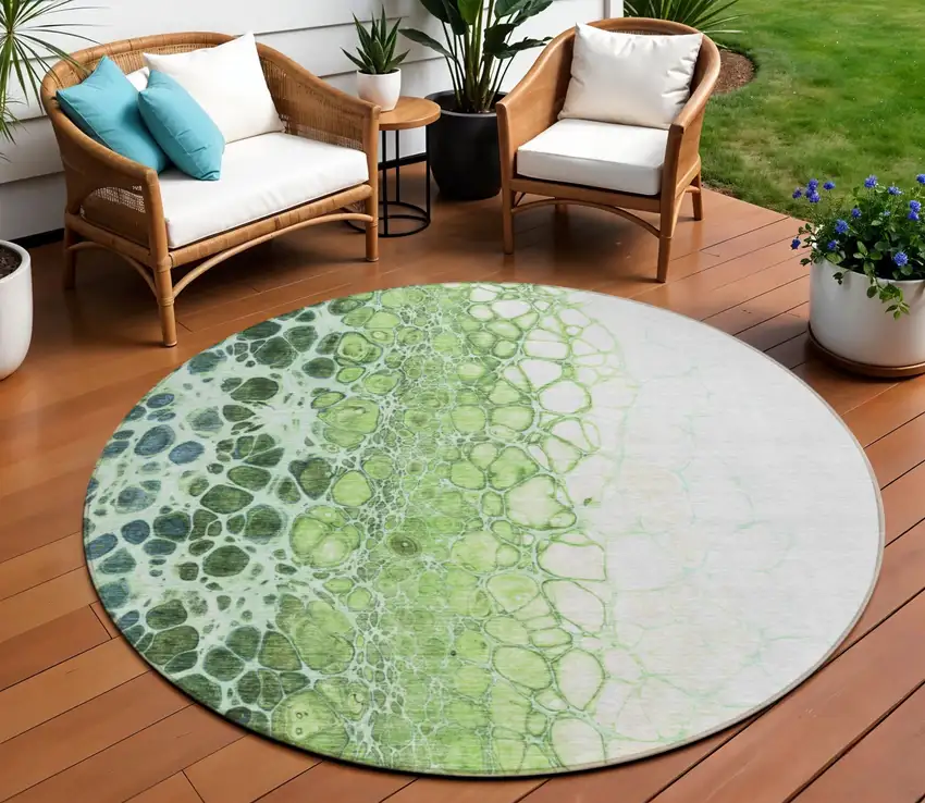 8' Green And Mint Green Round Abstract Washable Indoor Outdoor Area Rug Photo 1