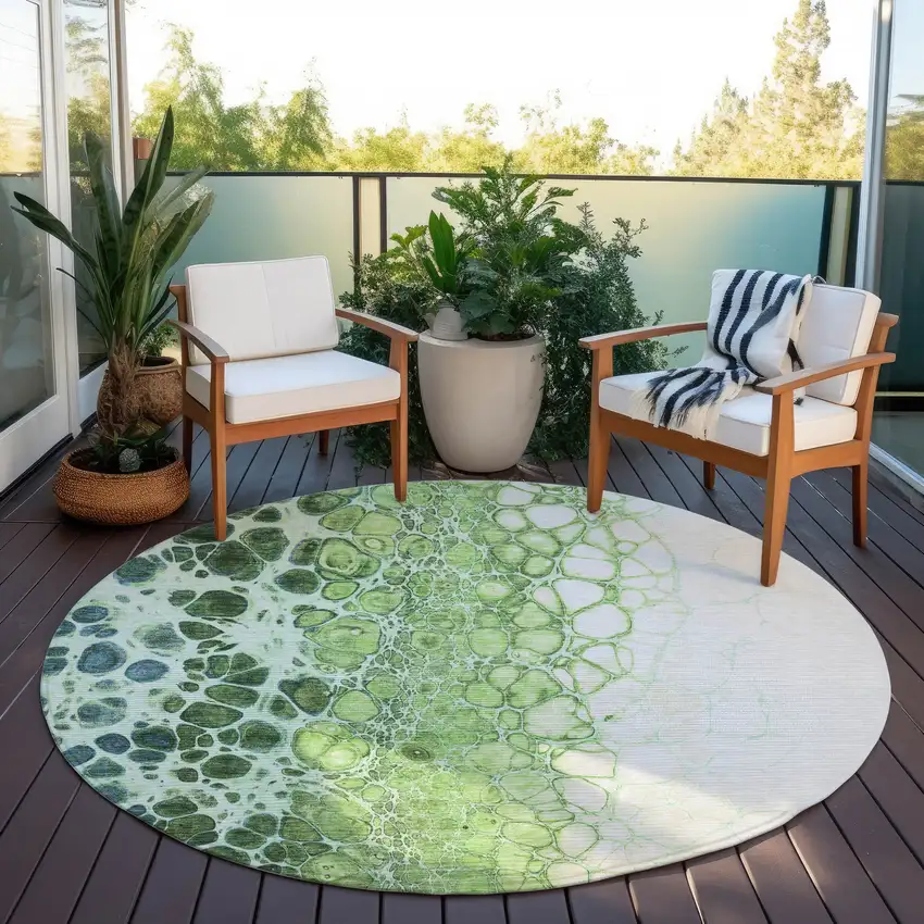 8' Green And Mint Green Round Abstract Washable Indoor Outdoor Area Rug Photo 6