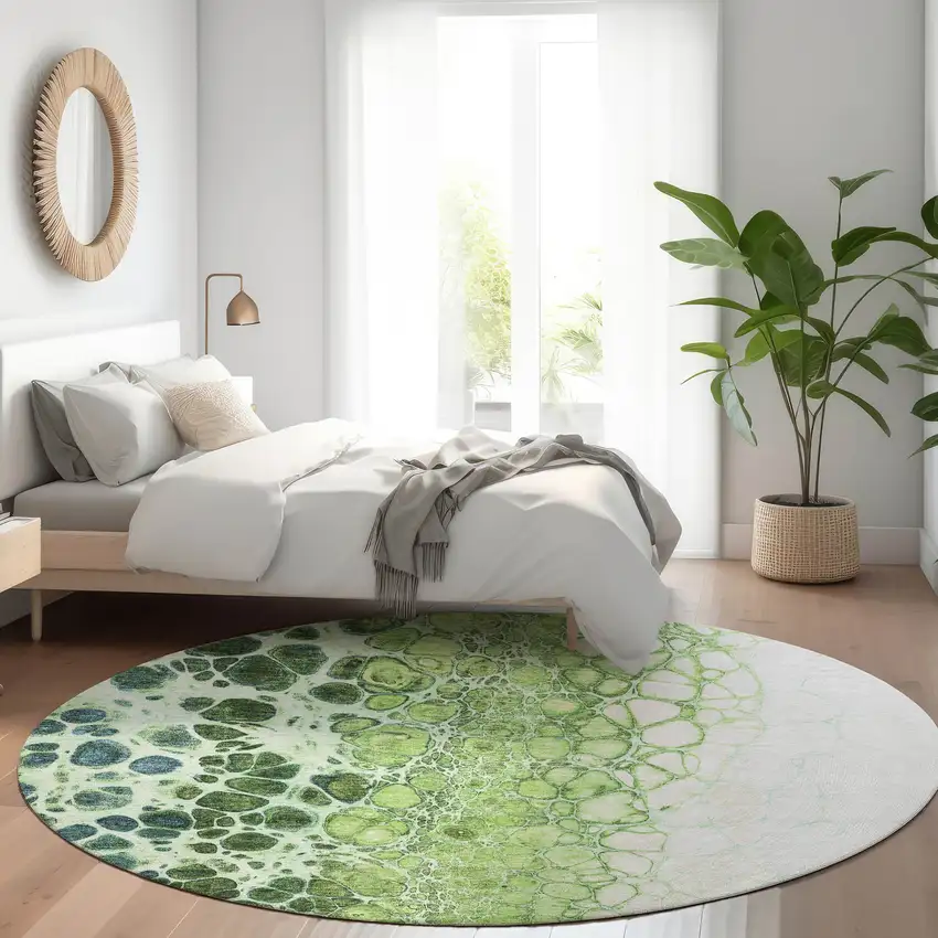 8' Green And Mint Green Round Abstract Washable Indoor Outdoor Area Rug Photo 7