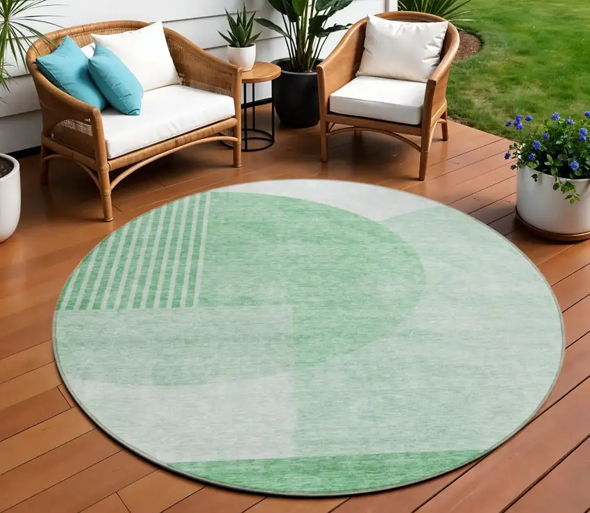 8' Green And Mint Green Round Geometric Washable Indoor Outdoor Area Rug Photo 1