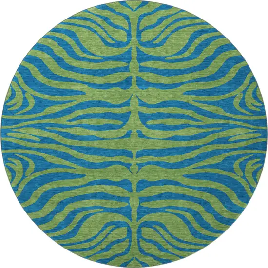 8' Green And Navy Blue Animal Print Washable Round Rug With UV Protection Photo 3