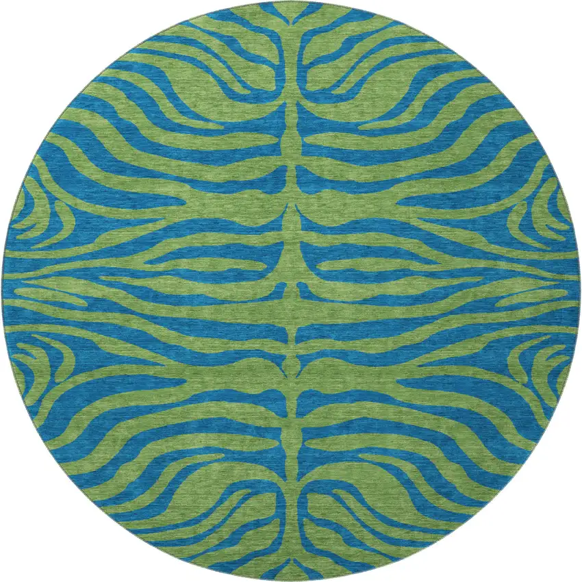 8' Green And Navy Blue Animal Print Washable Round Rug With UV Protection Photo 3