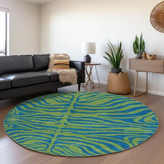 8' Green And Navy Blue Animal Print Washable Round Rug With UV Protection Photo 4