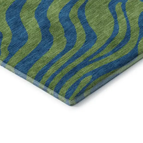 8' Green And Navy Blue Animal Print Washable Round Rug With UV Protection Photo 6