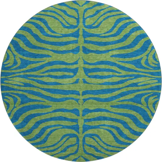 8' Green And Navy Blue Animal Print Washable Round Rug With UV Protection Photo 1