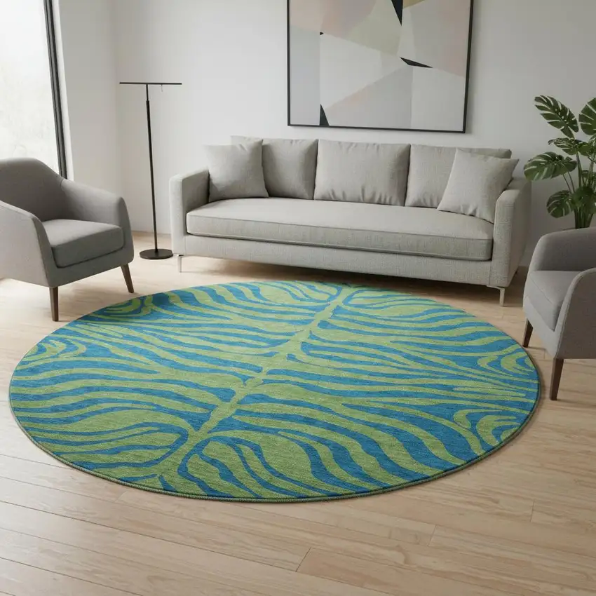 8' Green And Navy Blue Animal Print Washable Round Rug With UV Protection Photo 2