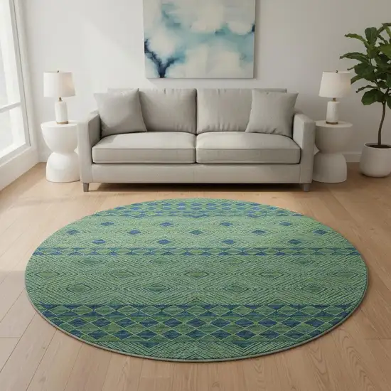 8' Green And Navy Blue Geometric Washable Round Rug With UV Protection Photo 1