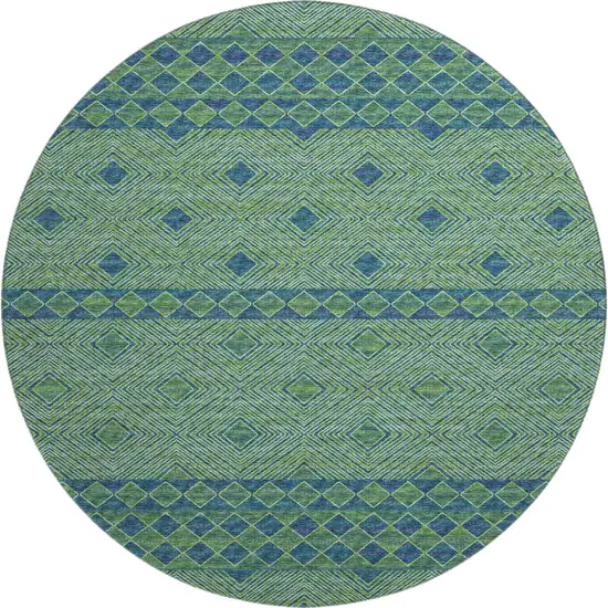8' Green And Navy Blue Geometric Washable Round Rug With UV Protection Photo 2