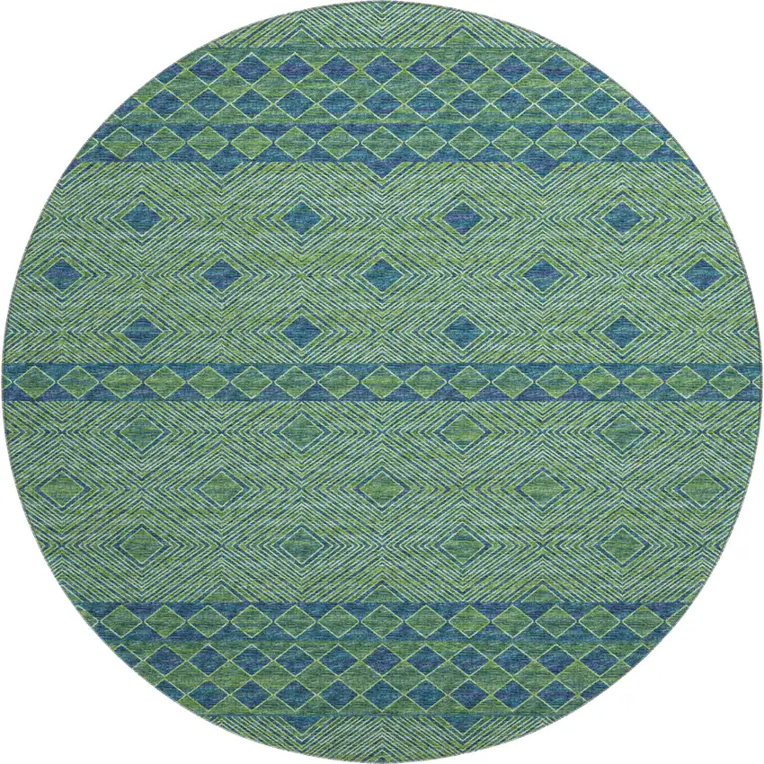 8' Green And Navy Blue Geometric Washable Round Rug With UV Protection Photo 2