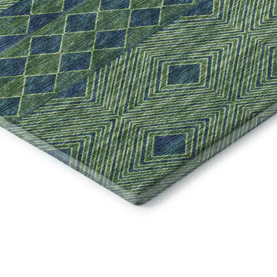 8' Green And Navy Blue Geometric Washable Round Rug With UV Protection Photo 6