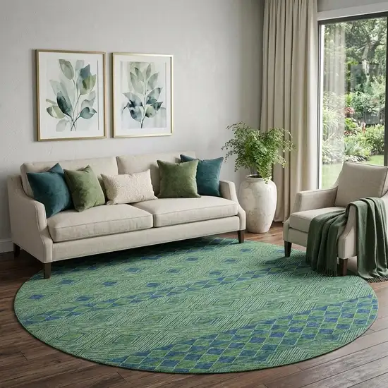 8' Green And Navy Blue Geometric Washable Round Rug With UV Protection Photo 1