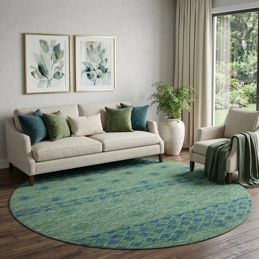 8' Green And Navy Blue Geometric Washable Round Rug With UV Protection Photo 1