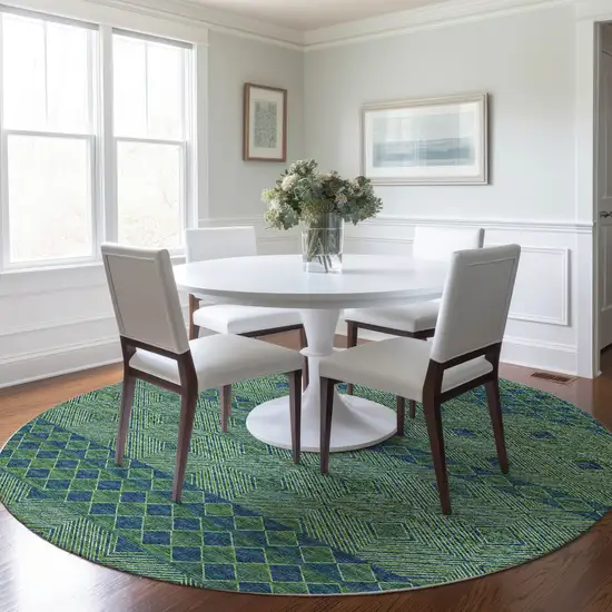 8' Green And Navy Blue Geometric Washable Round Rug With UV Protection Photo 4