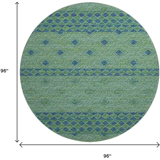 8' Green And Navy Blue Geometric Washable Round Rug With UV Protection Photo 3