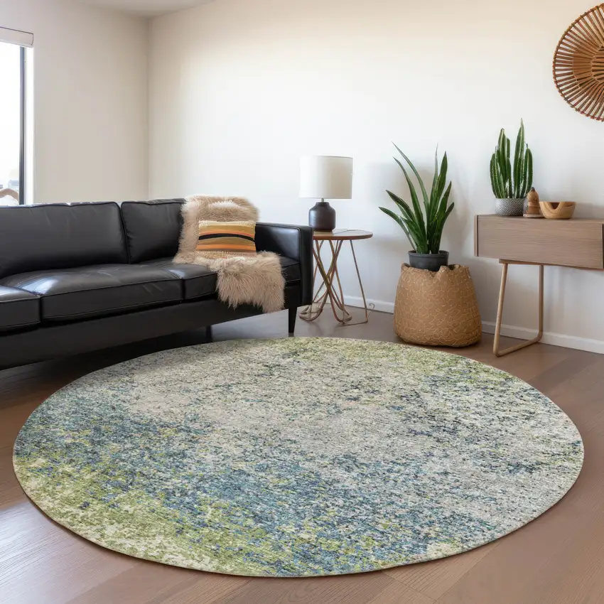 8' Green And Navy Blue Round Abstract Washable Indoor Outdoor Area Rug Photo 7