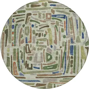 Photo of 8' Green And Olive Green Round Abstract Washable Indoor Outdoor Area Rug
