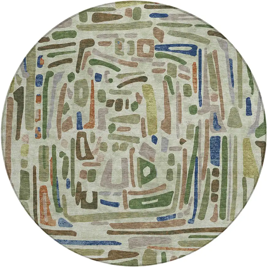8' Green And Olive Green Round Abstract Washable Indoor Outdoor Area Rug Photo 1