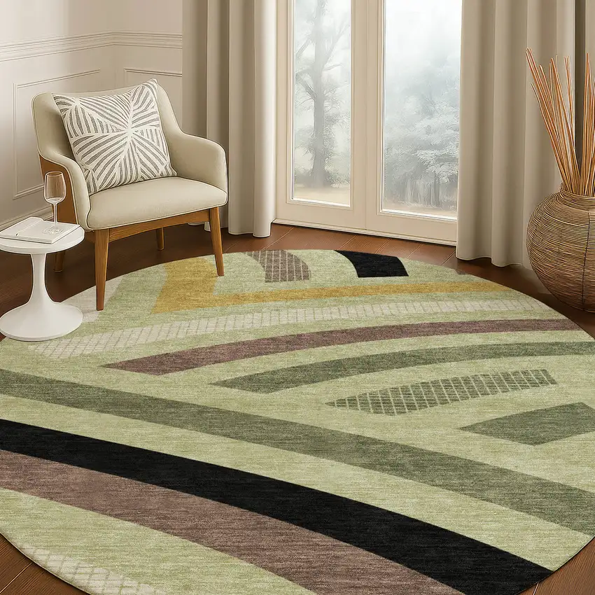 8' Green And Olive Green Round Abstract Washable Indoor Outdoor Area Rug Photo 5