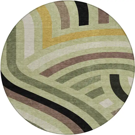 8' Green And Olive Green Round Abstract Washable Indoor Outdoor Area Rug Photo 1