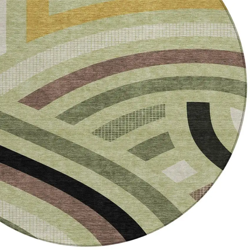 8' Green And Olive Green Round Abstract Washable Indoor Outdoor Area Rug Photo 2