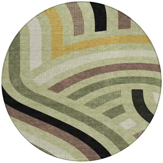 8' Green And Olive Green Round Abstract Washable Indoor Outdoor Area Rug Photo 3