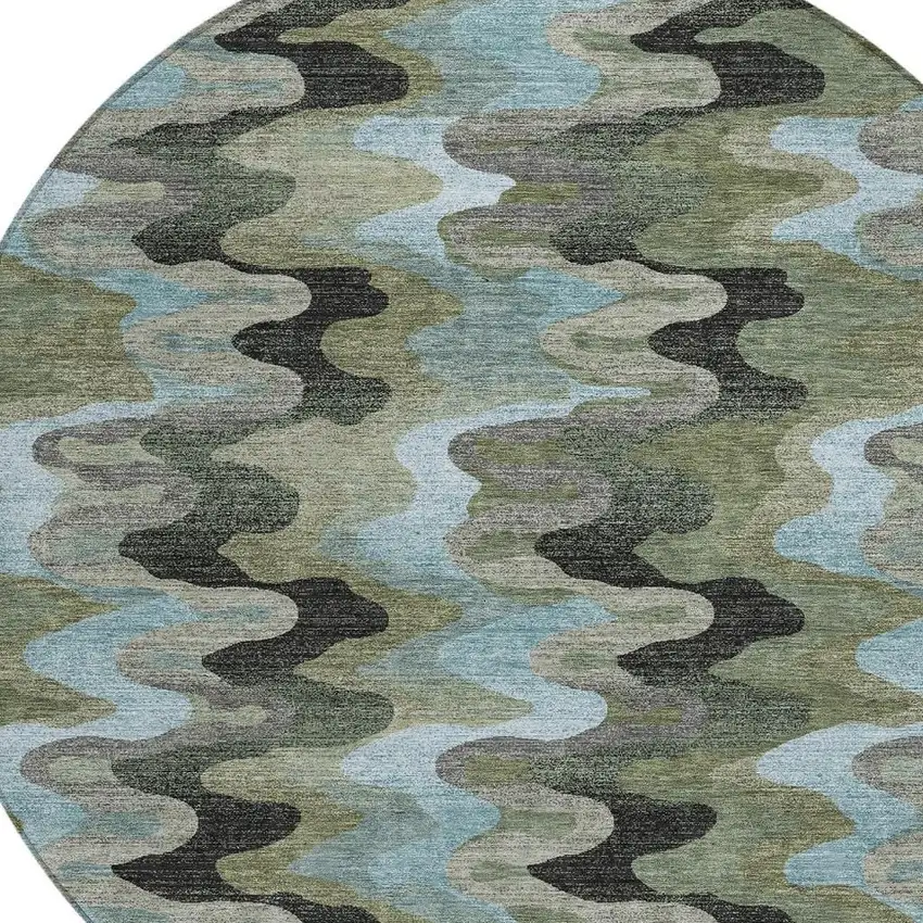 8' Green And Olive Green Round Abstract Washable Indoor Outdoor Area Rug Photo 2