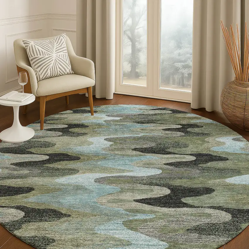 8' Green And Olive Green Round Abstract Washable Indoor Outdoor Area Rug Photo 5