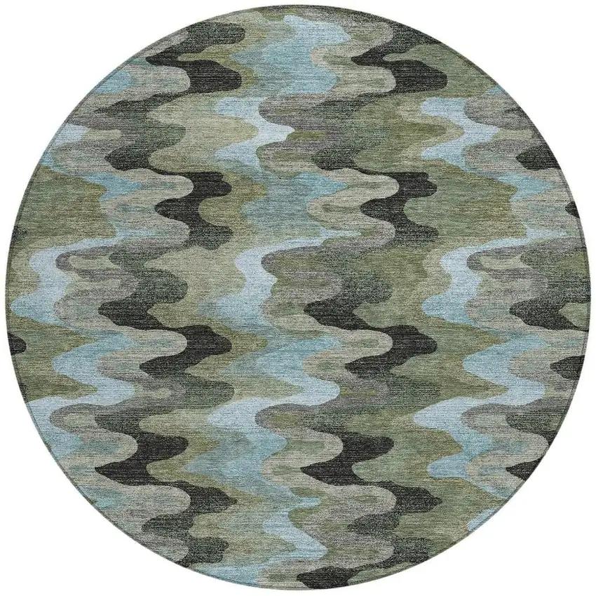 8' Green And Olive Green Round Abstract Washable Indoor Outdoor Area Rug Photo 3
