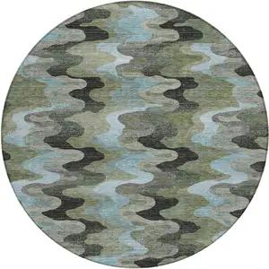 Photo of 8' Green And Olive Green Round Abstract Washable Indoor Outdoor Area Rug