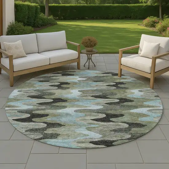 8' Green And Olive Green Round Abstract Washable Indoor Outdoor Area Rug Photo 4